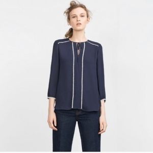 Zara Navy Blue With White Trim Blouse Size Large